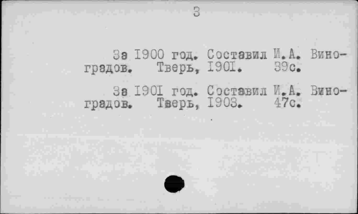 ﻿з
За 1900 год. Составил И. А. Виноградов. Тверь, 1901.	39с.
За 1901 год. Составил И.А. Виноградов. Тверь, 1903.	47с.